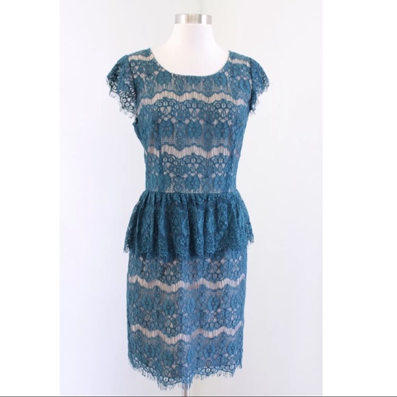 Maeve Elsa Teal Lace Peplum Sheath Dress - Picture 2 of 7